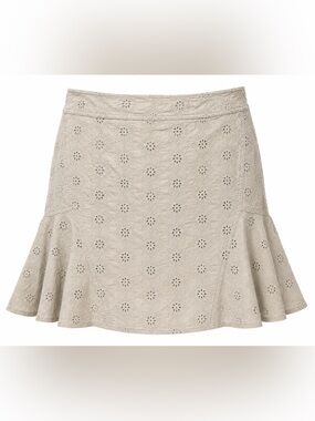 Tribal Eyelet Embroidered Cotton Skirt Size 14 Beige Tan Boho Flounce Hem